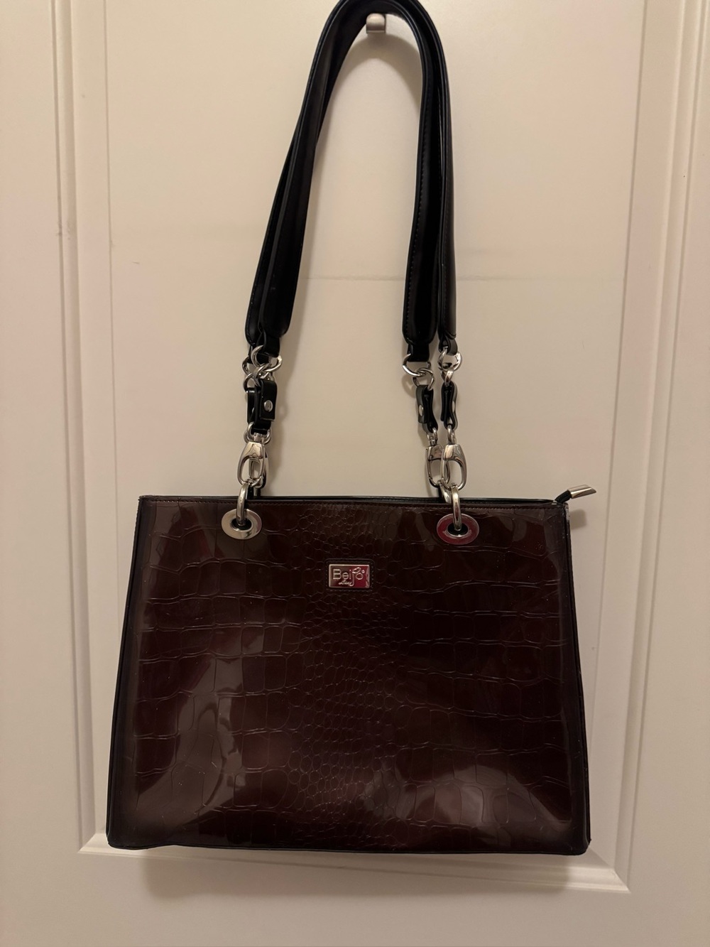 Beijo Unchain My Heart Patent Croc-Embossed Shoulder Bag in Chocolate/Black